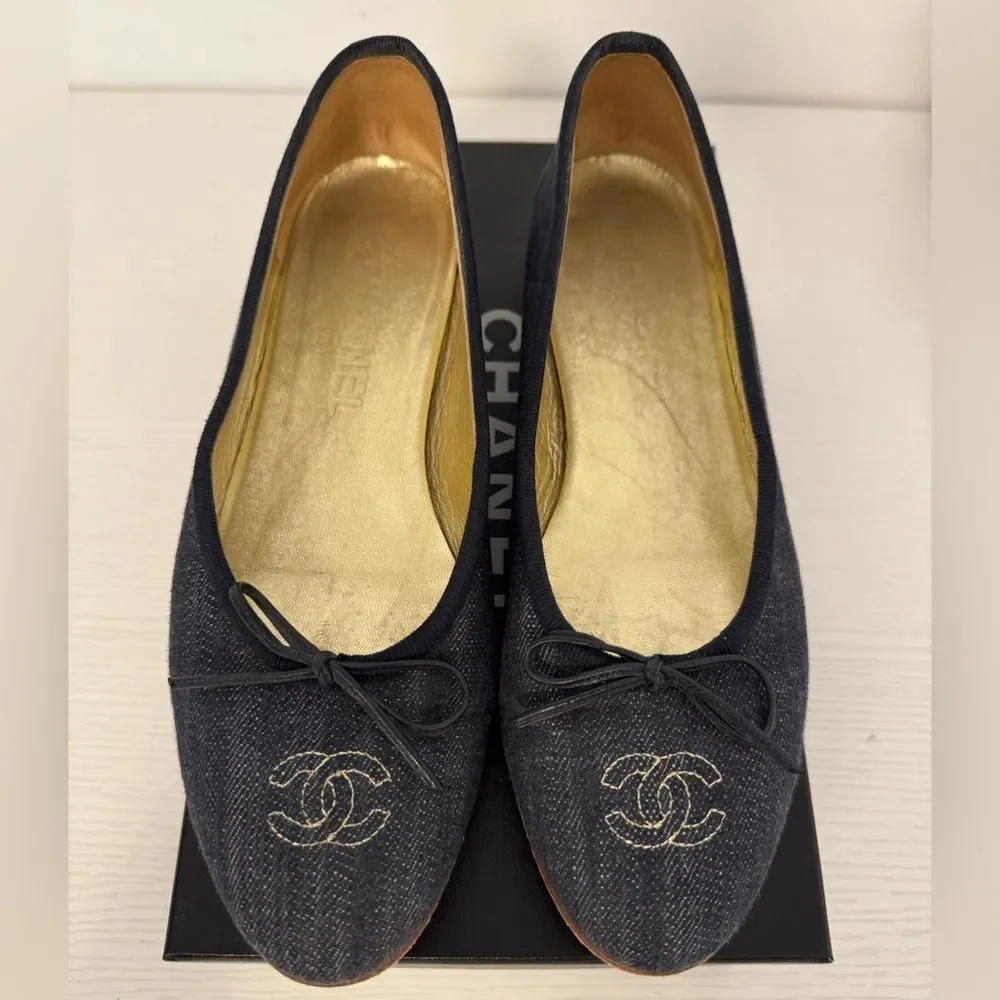 Chanel Denim CC Classic Ballet Flats Dark Blue EU 38 US 8 Vintage Women’s Shoes - Picture 2 of 9